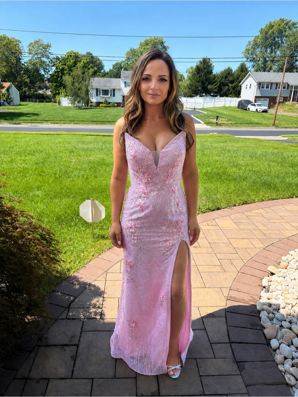 Elegant Pink Sequin Evening Gown with Thigh Slit